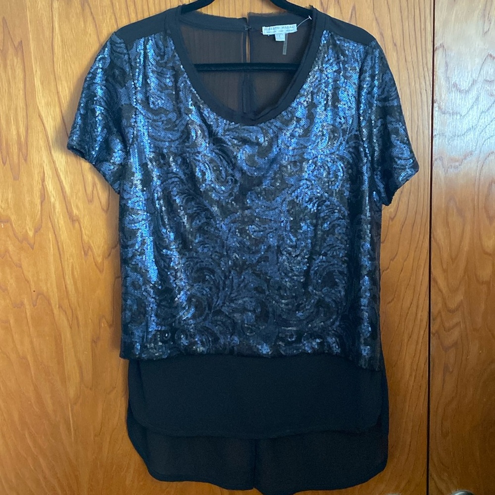 Black and blue sequin sheer top